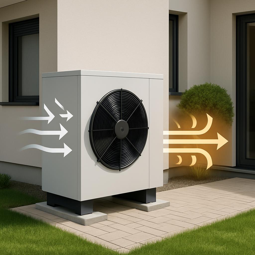 Large, white condensing unit in front of a house, with arrows signifying airflow from the unit to the building, and from t...