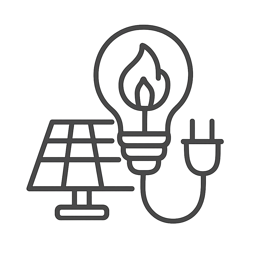 A simple grey icon of a solar panel, a light bulb, and a plug.
